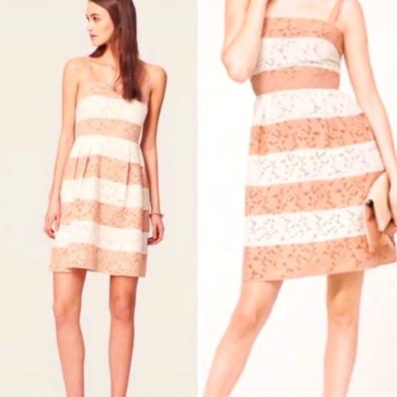 LOFT Peach and Beige Eyelet Striped Sleeveless Summer Dress Size 14 A-line - Picture 1 of 8